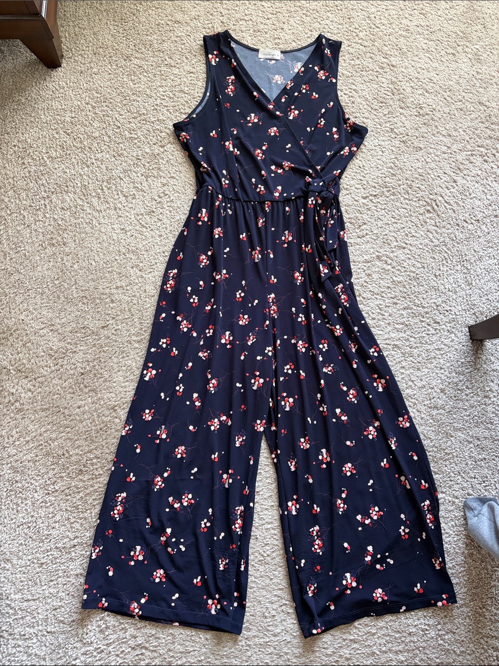 Kaileigh Navy Floral Sleeveless Wrap-Front Jumpsuit